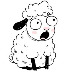Surprised sheep with wide eyes and open mouth. Funny doodle farm animal for kid design. Simple graphic illustration.