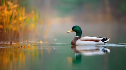 Fototapeta premium Tranquil mallard swimming on calm lake surrounded by golden reeds and soft autumn reflections with copy space on left