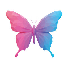 A low-poly geometric butterfly with vibrant pink and blue gradient wings isolated on a white background.