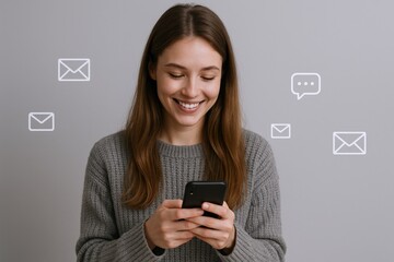 Smiling Woman Engaged with Smartphone: Communication, Social Media, and Modern Technology Concept