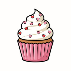 Deliciously decorated cartoon cupcake with creamy frosting and adorable heart sprinkles, perfect for sweet celebrations