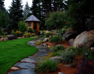 Serene garden path winds through a lush landscape, showcasing a charming gazebo nestled among vibrant flowers and substantial rocks.