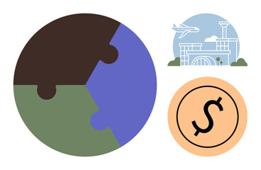 Earth puzzle representing global unity, airport with airplane symbolizing travel and connectivity, and dollar sign denoting economy. Ideal for globalization, commerce, travel, finance