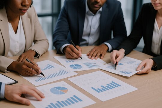 Diverse Business Team Analyzing Financial Data and Charts in a Modern Office Setting - Powered by Adobe