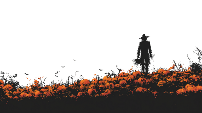 Scary pumpkin patch silhouette with scarecrow, isolated on transparent background, HD realistic 
