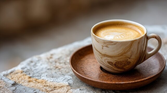 Warm caramelcolored latte with delicate foam art in a marbled stoneware mug on a wooden saucer under soft golden light, cozy blurred background, copy space for text