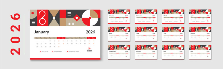 Modern 2026 Desk Calendar Template with Abstract Geometric Design for Print