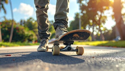 roller skating on a skateboard. skateboarder in action. skateboard rolling on a street. 