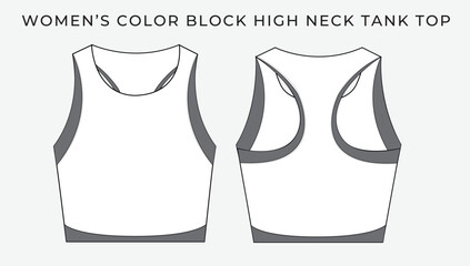 Flat fashion sketch of a women’s tank top with racerback and color block panels. Ideal for apparel design, activewear collections, and sportswear fashion templates.