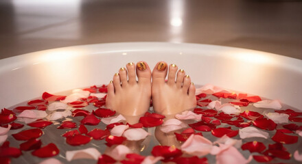A relaxing bath with rose petals floating around a person's feet, promoting a sense of calm and pampering.