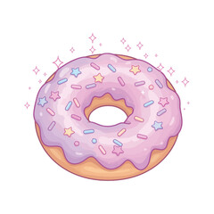 A cute cartoon donut with pastel pink and purple frosting, colorful star and stick sprinkles, and magical sparkles on a white background.