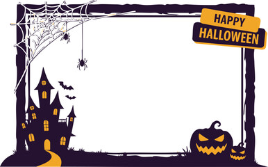 Halloween frame with haunted house and pumpkin isolated on white background
