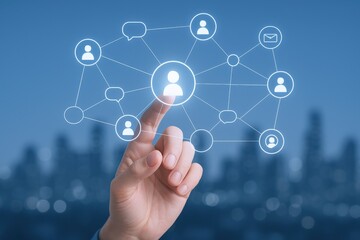 Obraz premium Human Hand Touching Networking Icon, Abstract Technology and Social Connection, Digital Communication and Futuristic Concept