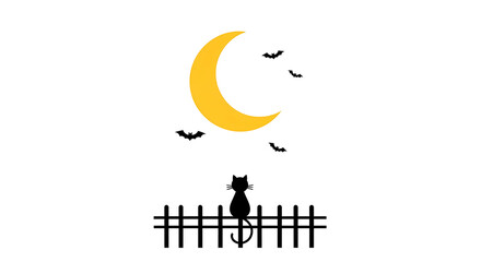 Minimalist flat illustration of a Halloween night scene. A simple black cat silhouette sits on a fence under a large crescent moon. A few tiny, stylized bats fly in the sky