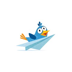 Bird inside a paper airplane pretending to fly, silly cartoon logo, white background, no text