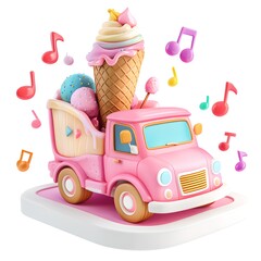Cartoon ice cream truck with a giant cone on the roof and cheerful music notes