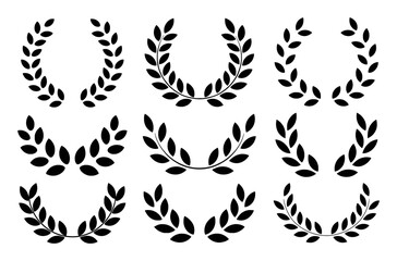 Collection of Black Laurel Wreaths and Branches on White Background