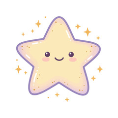 A cute kawaii star character with a smiling face and rosy cheeks, surrounded by golden sparkles on a white background.