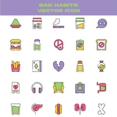 Bad Habits Vector Icon Set – Unhealthy Lifestyle, Addiction, and Risky Behaviors