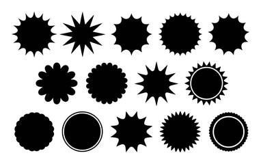 Collection of Black Starburst and Circular Shapes on White Background
