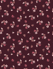 Abstract solid vector textile design, arrangement with tiny cherry flowers, all-over seamless pattern with pink and magenta tone color illustration, digital image printing factory