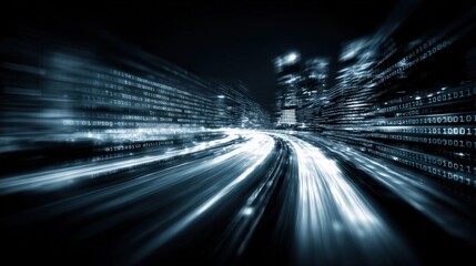 Digital Cityscape with Binary Code Overlay, Illustrating Data Flow and Futuristic Technology Concepts