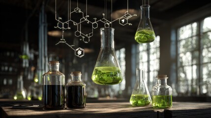 Vintage Laboratory Still Life with Chemical Formulas and Liquid Solutions for Scientific Experimentation