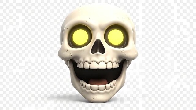 3D rendered cartoon skull with glowing yellow eyes and an open mouth, on a transparent background, evoking spooky humor.