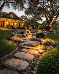 A meticulously landscaped backyard pathway at dusk, illuminated by warm outdoor lighting, showcasing large, natural stone paving stones and lush greenery.