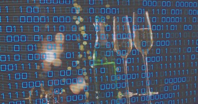 Champagne bottle and flutes receiving binary overlay, scanner sweeping down creating matrix effect