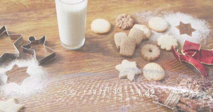 Shimmering digits rippling across tabletop clustering cookies milk, intensifying thinning data flow