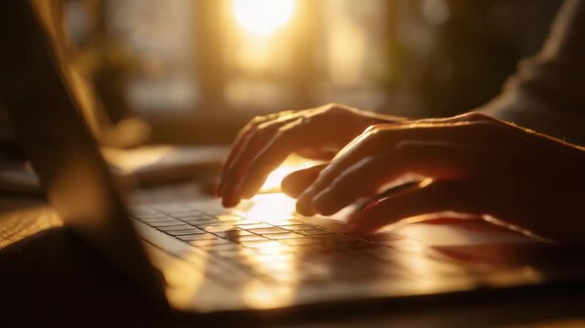 Writing Under The Sunlight: A close-up of hands typing on a laptop bathed in the soft glow of the setting sun, capturing the focus and creativity of the moment.