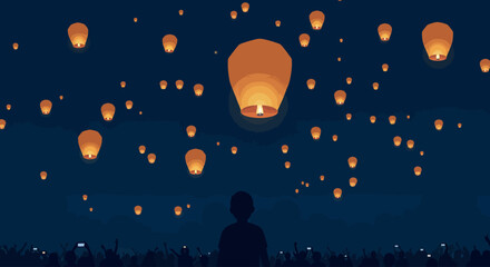 A vibrant flat design illustration depicting numerous sky lanterns (Khom Loi) ascending into the dark night sky, symbolizing hope and good fortune during a traditional festival. 