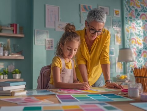 Grandmother and Granddaughter Enjoying Creative Time Together: Arts, Crafts, Education, and Family Bonding at Home - Powered by Adobe