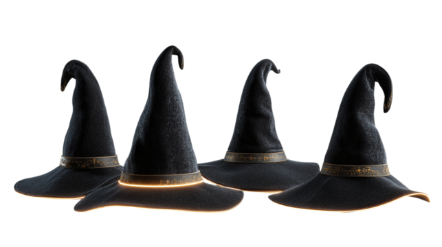 Set of 4 black witch hats with glowing bands, isolated on transparent background
