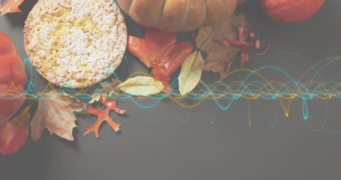 Upon scene opening rice cake leaves pumpkins anchoring waveform animating to visualize autumn audio