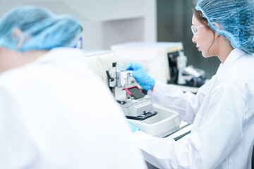 Female medical laboratory technologists in full protective gear work efficiently in a row, operating specialized equipment to process biological samples in a bright, modern clinical lab.
