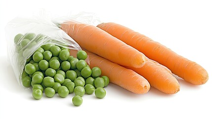Freshly harvested carrots and vibrant green peas are neatly arranged in a plastic bag, showcasing a convenient way to store vegetables for continued freshness