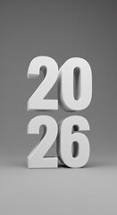 Three Dimensional White Number 2026 Displayed on a Solid Grey Background