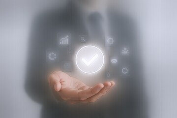 Fototapeta premium Hand Presenting a Checkmark Surrounded by Data Icons, Symbolizing Approval and Successful Task Completion