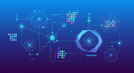 Digital Universe Abstract: A mesmerizing digital artwork showcases an abstract network of interconnected nodes, pulsating with vibrant neon light against a deep blue backdrop.