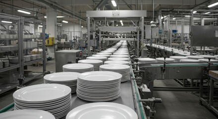 Obraz premium White Plates on Conveyor Belt – Ceramic Tableware Production in Factory 