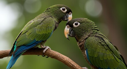 Obraz premium Two Green Parrots Perching on Branch in Natural Environment