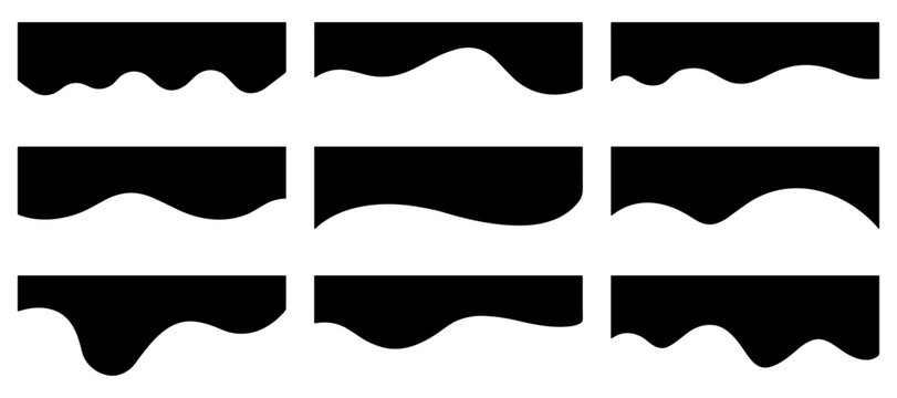 Collection of abstract wave border shapes in black vector style. Creative dividers, frames, and design elements for banners, backgrounds, posters, and decorative layouts in modern graphic design.