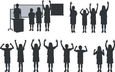 Classroom silhouette set, children raising hands, teacher figure, blackboard scene, educational posture, learning moment, school interaction, vector art, teaching concept, group pose