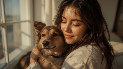 Woman with gentle facial features, soft skin, and a warm smile, basking in the warm golden sunlight that streaming through a window, cuddling a adorable canine companion, a serene morning ritual 