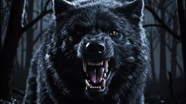 Fierce black wolf baring teeth, snarling menacingly in dark forest at night, primal predatory power unleashed, intense motion and danger captured