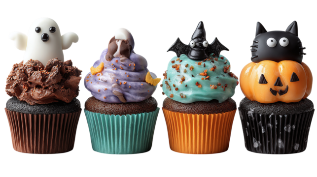 Set of 4 spooky cupcakes with Halloween toppings, isolated on transparent background 
