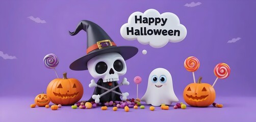 Obraz premium Whimsical Halloween Scene with Cute Characters and Festive Decorations