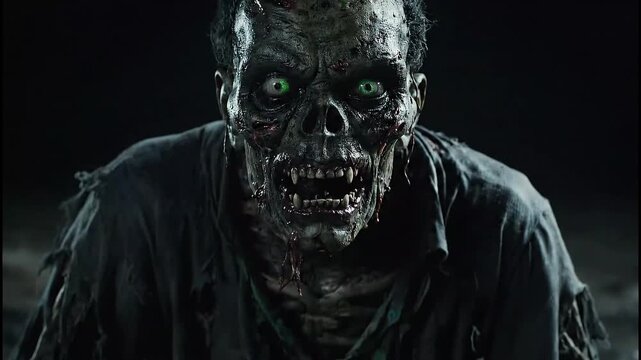 Terrifying zombie with glowing green eyes and decaying flesh lunges forward in a dark, suspenseful scene, perfect for horror film intros